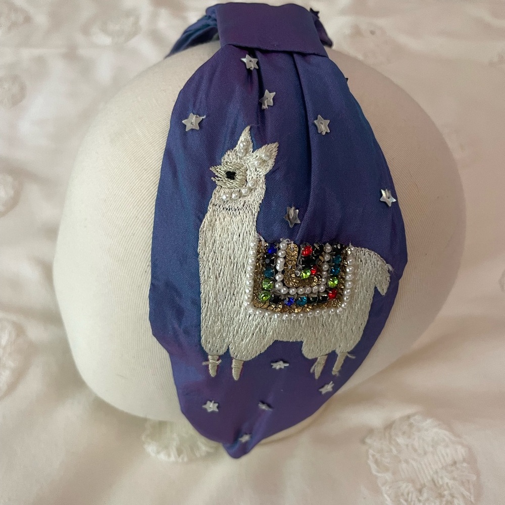 Embroidered Llama Starry Night Headband in Purple Periwinkle